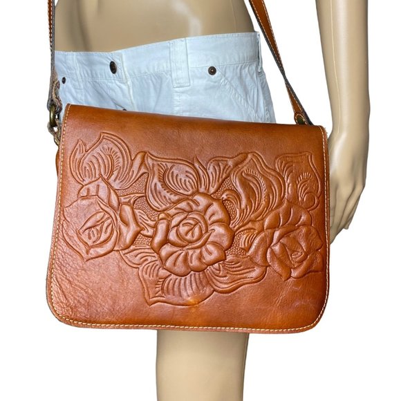 Patricia Nash Handbags - Patricia Nash Brown Italian Leather Embossed Floral Crossbody Bag